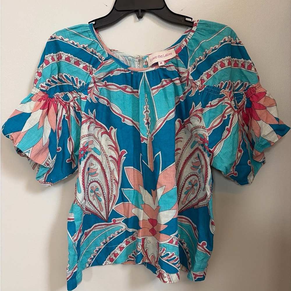 Love the Label Teal & Pink Paisley Ruffle-Sleeve Blouse